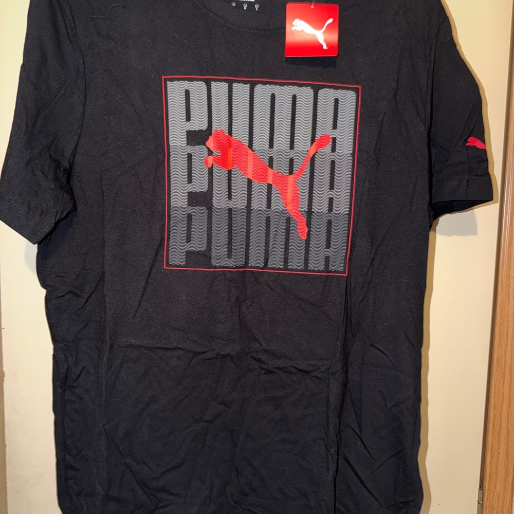 PUMA Black Tee with Red and Gray Logo BNWT